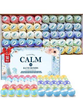 50 PCS Bath Bombs Set with 10 Scents, Natural Relaxing Spa Gift, Blue Colors